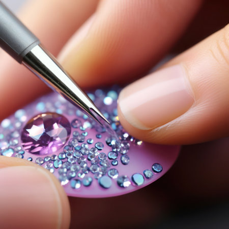 Palette with shining rhinestones for glamorous manicure and tweezers in the fingers of an expert, macro.の素材