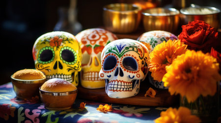 Traditional Mexican sugar skulls, marigolds flowers, bread for Day of dead celebration, close-up, selective focus.の素材