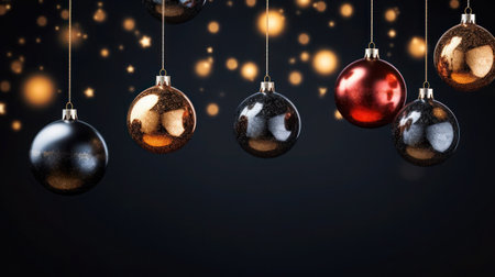 Various shiny Christmas balls on black background with sequins and lights, close-up, copy space.の素材