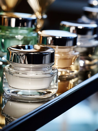 Beautiful shiny glass jars with cosmetics product stand in a row on a glass shelf, close-up, selective focus. Beauty shop, anti-aging, advertising, organic ingredients, skincare, showcase, cosmetologyの素材