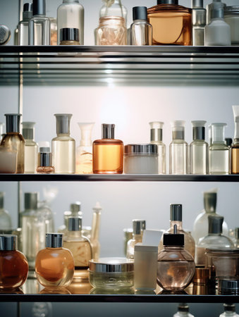 Beautiful small shiny glass jars with cosmetic product stand in a row on three glass shelves, selective focus. Beauty products, perfume, advertising, organic ingredients, skincare, shop, cosmetology.の素材