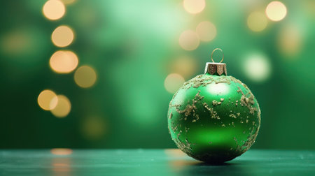Green beautiful Christmas ball on green background with bokeh, close-up, copy space. New Year, holiday, decoration, December, invitation, event, party, symbol conceptの素材