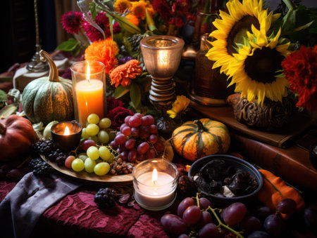 Mabon home altar. Ripe fruits, vegetables, flowers, burning candles on the table, close-up. Thanksgiving, religion, magic, witchcraft, autumn, holiday, harvest festival, tradition concept.の素材