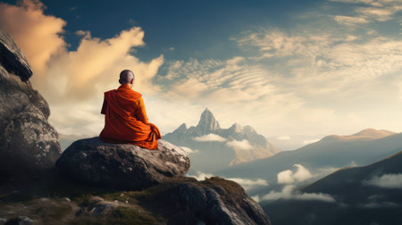 Buddhistic monk in traditional costume sits on on a mountain top and contemplates the heavens, back view. Meditation, peace of mind, religious, faith, calmness, seclusion, hermit, purity concept.の素材
