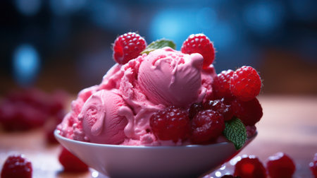 Delicious pink ice cream with ripe raspberries on a saucer, close-up, selective focus. Food, texture, dessert, sweets, natural product, menu, gelateria concept.の素材