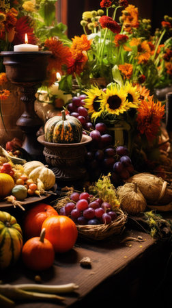 Mabon home altar. Beautiful fruits, vegetables, flowers, burning candles on the table, close-up, vertical image. Thanksgiving, religion, magic, witchcraft, autumn, holiday harvest festival concept.の素材