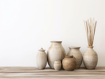 Ceramic white, beige different vases and pots on wooden light background, Scandinavian style, copy space.の素材