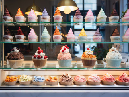 Yummy ice creams in showcase inside of cream shop, close-up, selective focus. Food, dessert, sweets, small business, traditional, natural product concept.の素材