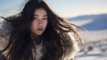Portrait of attractive Mongolian young woman with long hair in winter outdoor, selective focus.の素材