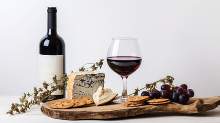 Wineglass with red wine, fresh grape vine, wine bottle, cut cheese head, sliced bread on wooden background. Winemaking, traditional, natural product, high quality, menu, restaurant concept.の素材