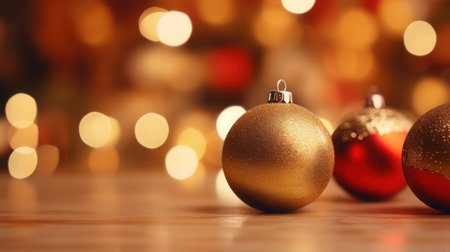 Beautiful gold and red Christmas balls on warm tone of bokeh background, close-up, copy space, selective focus. New Year, holiday, decoration, December, invitation, abstraction, poster, symbol conceptの素材