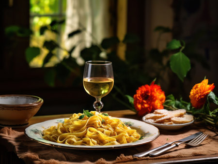 Traditional Italian fettuccine pasta on the plate and a glass of white wine on the table, indoor, Provence style. Food, Italian cuisine, menu, homemade, macaroni, restaurant concept.の素材