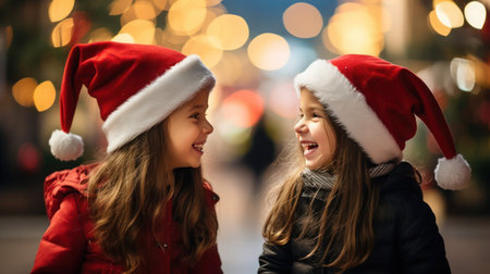 Two smiling Caucasian cute 5 years old girls in Santa hats having fun in the street in winter, selective focus. Christmas, sisters, New Year, family, love, friendship, celebration, togetherness concept.の素材