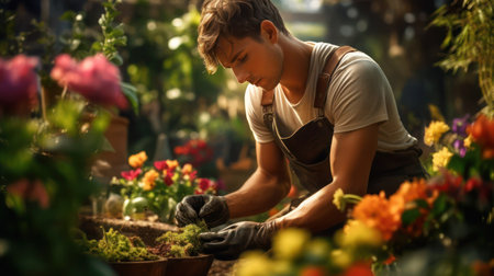 Professional male gardener in an apron in the process of working in the garden in the summer, close-up. Landscaping, occupation, replanting, job, hobby, pastime, leisure, season, summer concept.の素材