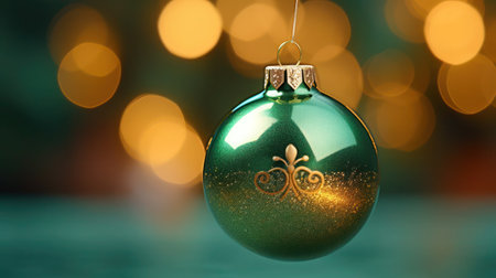 Beautiful green Christmas ball on green background with golden bokeh, close-up, copy space. New Year, holiday, decoration, December, invitation, event, party, abstraction symbol conceptの素材