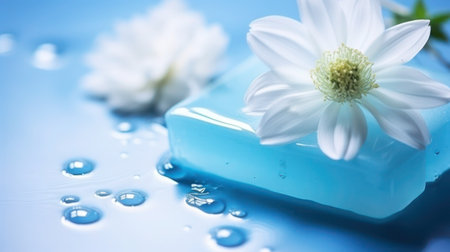 Light-blue transparent natural soap with water drops and white flower on a blue wet glossy surface, close-up, copy space, selective focus. Hand-made, spa, premium quality, body care, cosmetic concept.の素材