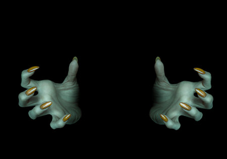 Monsters hands with sharp yellow nails and knobby fingers in the dark, close up, selected focus. Halloween, undead, zombie, witchcraft, horror, evil, creepy and demon conceptの写真素材