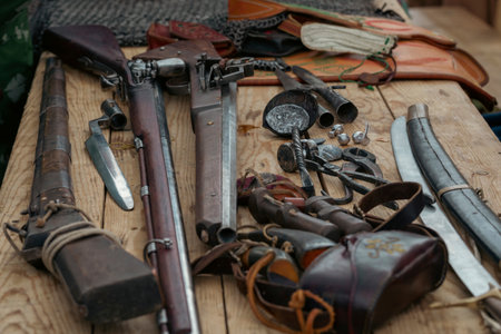 Set of antique firearms on wooden table. Rifles, bayonets, saber, selective focus. History, details, tradition, metal production, memory, reconstruction concept.の写真素材