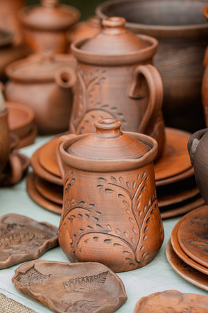 Traditional ethnic clay tableware in the assortment at the fair outdoor, close-up, vertical format,...
