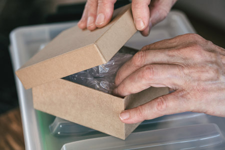 Elderly female hands getting the package out of small cardboard box, close-up, selective focus. Delivery, order, unpacking, logistics, movement, purchase, merchandise, package, cargo concept.の写真素材