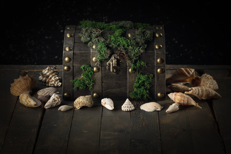 Decorative old pirate treasure chest covered with moss on an old wooden background surrounded by sea...
