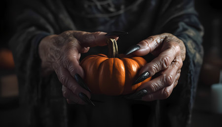 Old witchy scary hands with black sharp nails hold a pumpkin, close up, low key, selected focus.の素材