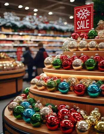 Christmas sale. Showcase with multi color Christmas balls in department store indoor, selective focus.の素材