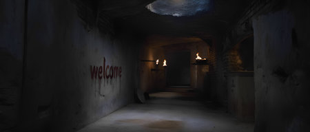 Empty corridor inside an old catacombs, burning torches on concrete walls and bloody lettering Welcome. Scene, Halloween, inscription, horror, story, criminal, sign, symbol concept.の素材