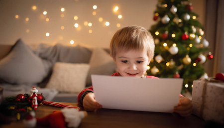 Caucasian smiling 7 years old boy look at dear Santa letter in his room with Christmas decoration.の素材