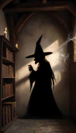 Shadow of old witch in withy hat who reaches out to shelves with antique books in the room of vintage gothic castle.の素材