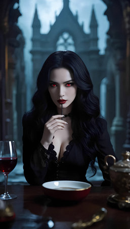Beautiful black-haired vamp woman with hypnotic red eyes sitting at the table in gothic castle and taste bloody wine.の素材