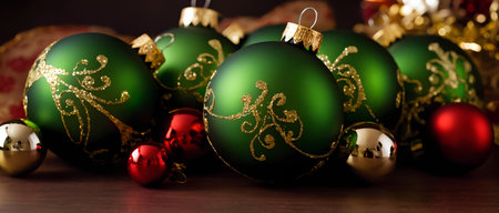 Bunch of beautiful green glossy Christmas balls, close-up, selective focus.の素材