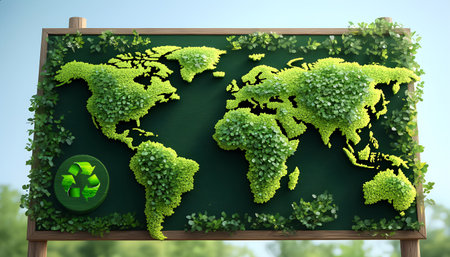 Creative blackboard with a world map made of green plants and a Green Earth recycle sign outdoor.の素材