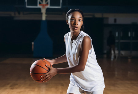 African American teen girl in white sportswear with a basketball ball on the court indoors, movement.の素材