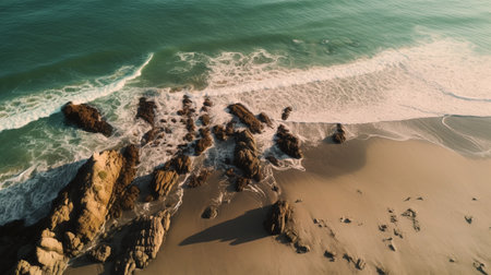 Beautiful sandy beach, ocean and rocks. Tropical beach with white sand with scenery for vacation. Island paradise of amazing nature. Ai generative.の素材