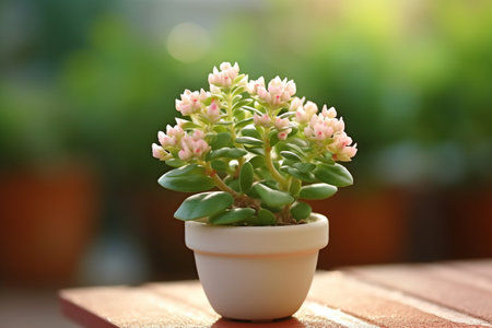 Cute mini Kalanchoe plant in a pot on a table with a bokeh garden background. Generative AI.の素材