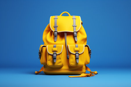 Yellow backpack on blue background. Ai generative.の素材