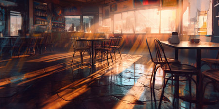 Abstract atmosphere is devoid of people in a cafe or restaurant on the outskirts of town. Digital painting style. Ai generative.の素材