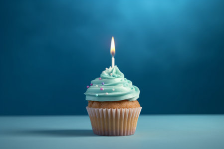 Tasty birthday cupcake with a candle on a blue background. Mini cake. Ai generative.の素材