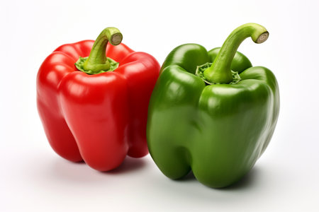 Green and red bell pepper on a white background. Fresh green and red bell pepper vegetables. Ai generative.の素材