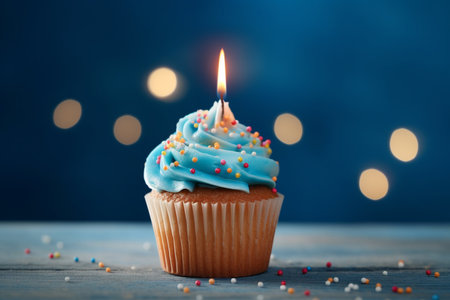 Tasty birthday cupcake with a candle on a blue background. Mini cake. Ai generative.の素材