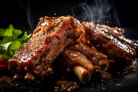 Closeup of pork ribs grilled. Grilled and barbecue ribs pork. Ai Generative.の素材