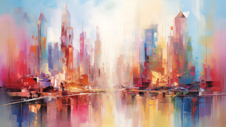 Watercolor painting of abstract cityscape, urban, people, and skyscraper scenes. Digital art illustration. Ai Generative.の素材