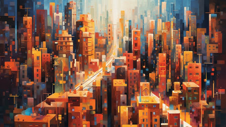 Watercolor painting of abstract cityscape, urban, people, and skyscraper scenes. Digital art illustration. Ai Generative.の素材