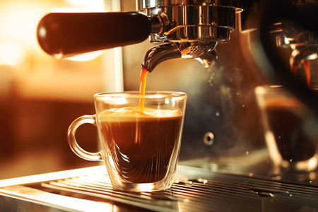 Close-up of hot coffee from the coffee machine in the cafe. Generative ai.の素材