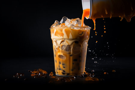 Iced Thai tea with sweetened condensed milk in a tall glass on dark wooden table background. Generative ai.の素材