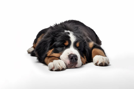 a long hair puppy Adorable Bernese Mountain dog sleepy isolated on white background. Generative ai.の素材
