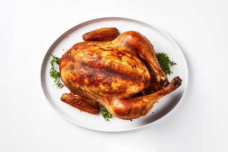 Top view of whole roasted chicken against white background. Grilled chicken on dish.の素材