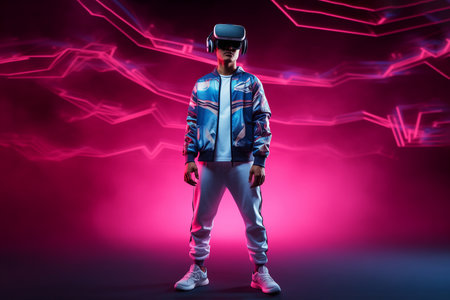 Young man wearing virtual reality VR glasses, VR headset and trying to touch something with his hand while standing in the cyberspace background.の素材