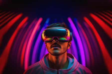 Young man wearing virtual reality VR glasses, VR headset and trying to touch something with his hand while standing in the cyberspace background.の素材